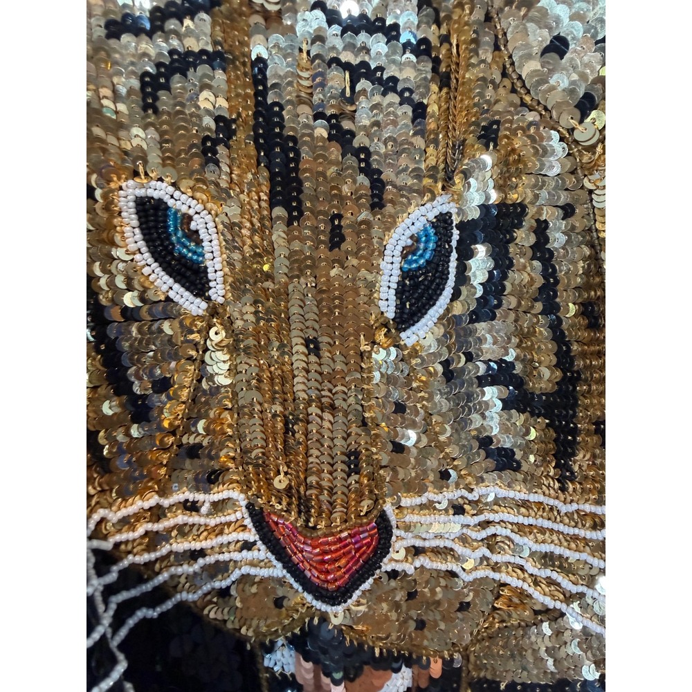 Rare Vintage 80s 100% Silk Sequin Tiger Mini Dress Black Gold Beaded Dolman Sz S - Picture 10 of 10